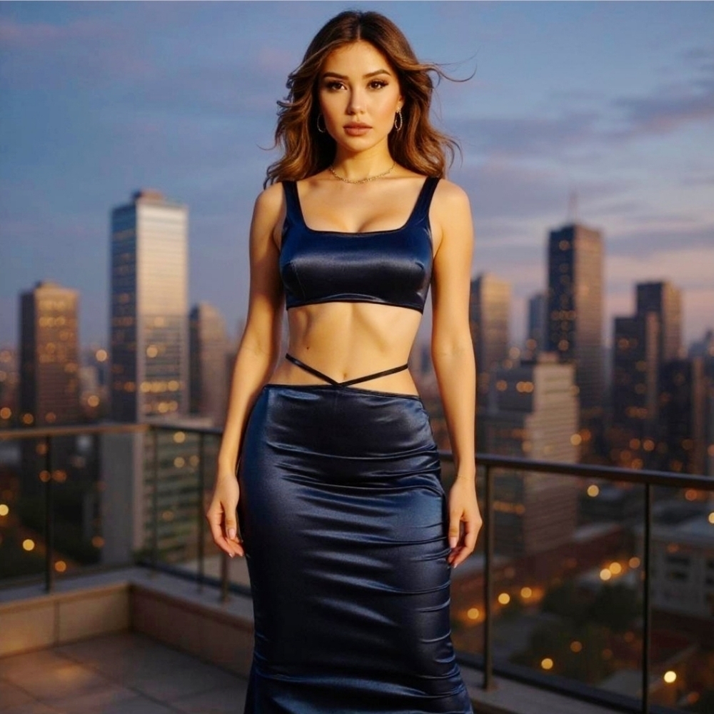 Fashion Nova Blue Satin Two-Piece Prom Dress - Picture 7 of 11